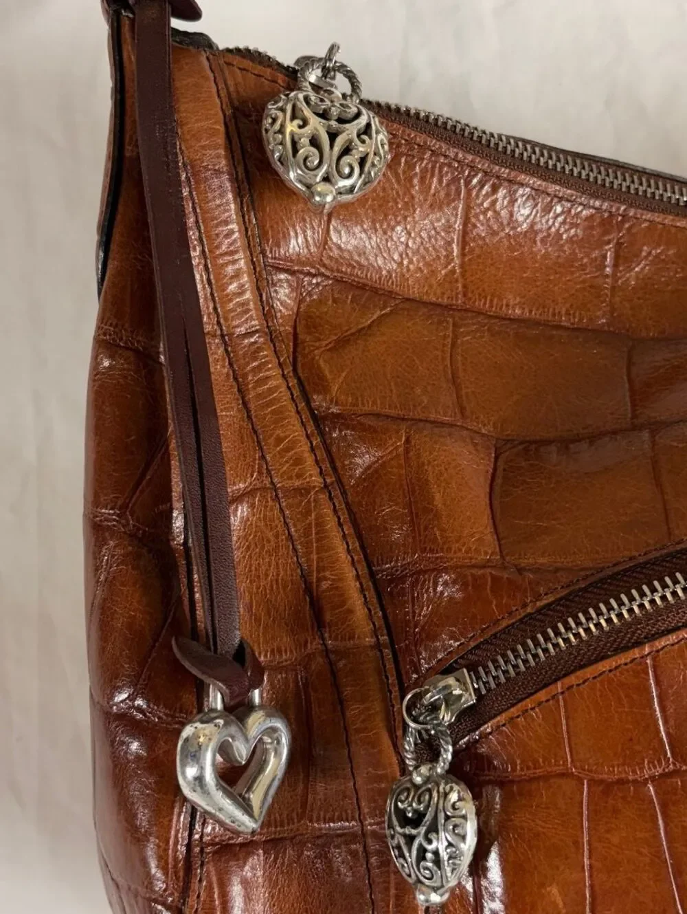 Brighton D366132 Brown Croc-Embossed Leather Hobo Shoulder Bag Heart Charms